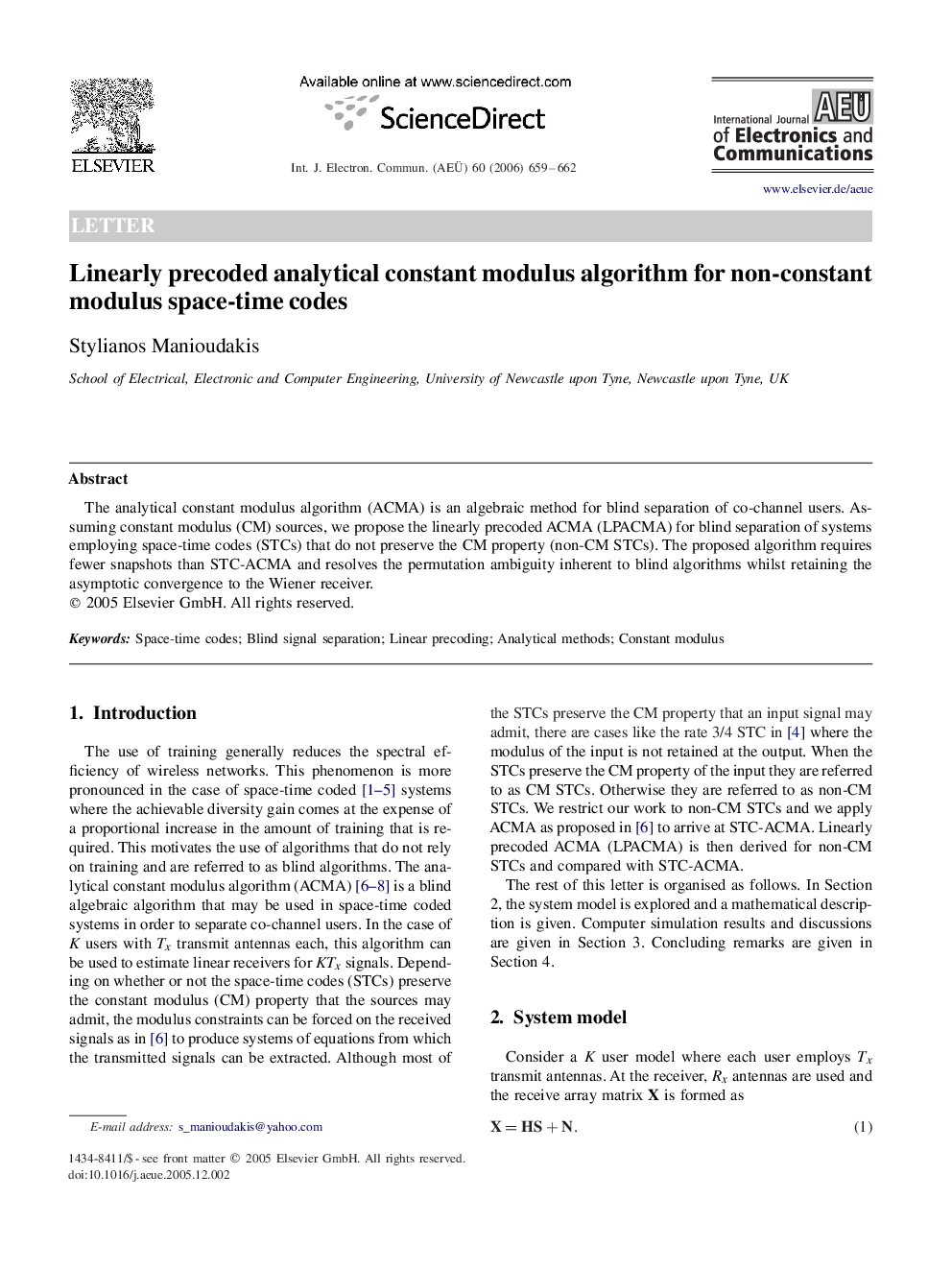 Linearly precoded analytical constant modulus algorithm for non-constant modulus space-time codes