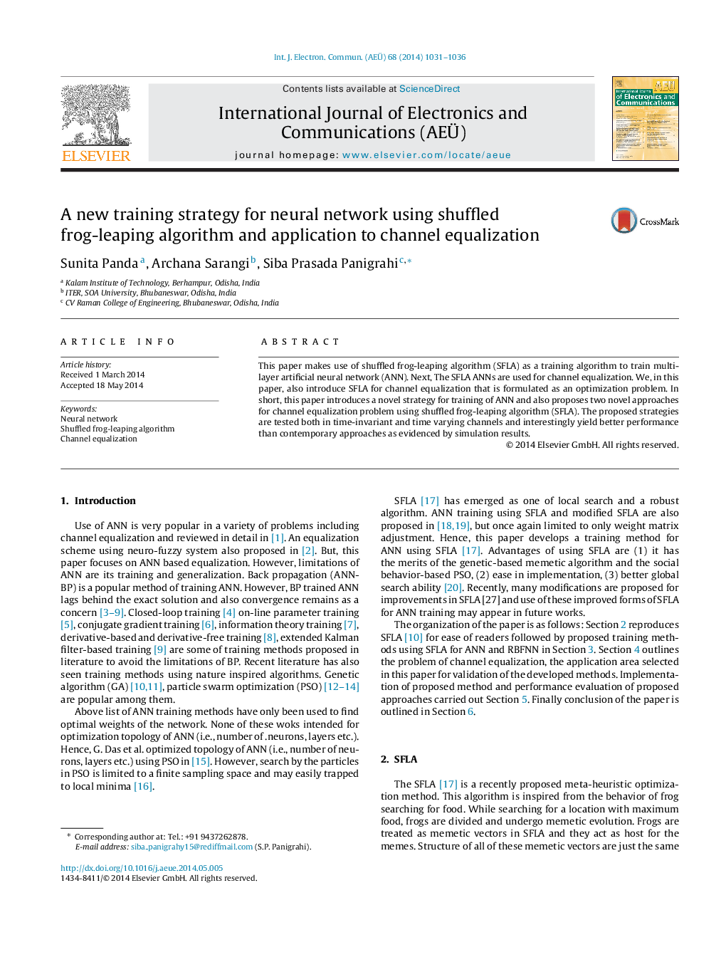 A new training strategy for neural network using shuffled frog-leaping algorithm and application to channel equalization