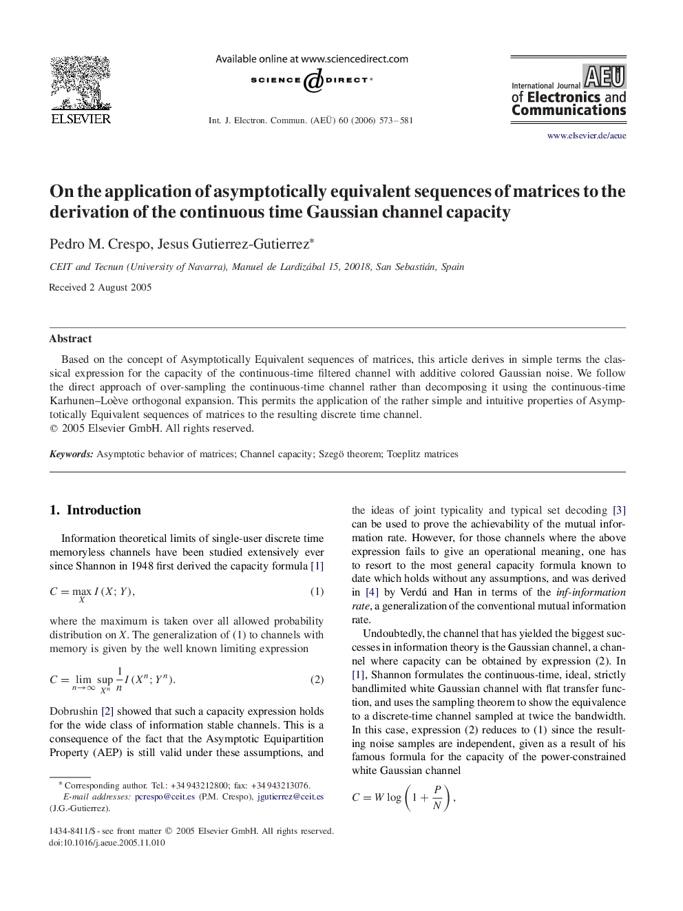 On the application of asymptotically equivalent sequences of matrices to the derivation of the continuous time Gaussian channel capacity