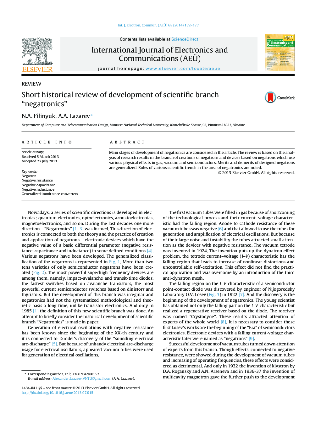 Short historical review of development of scientific branch “negatronics”