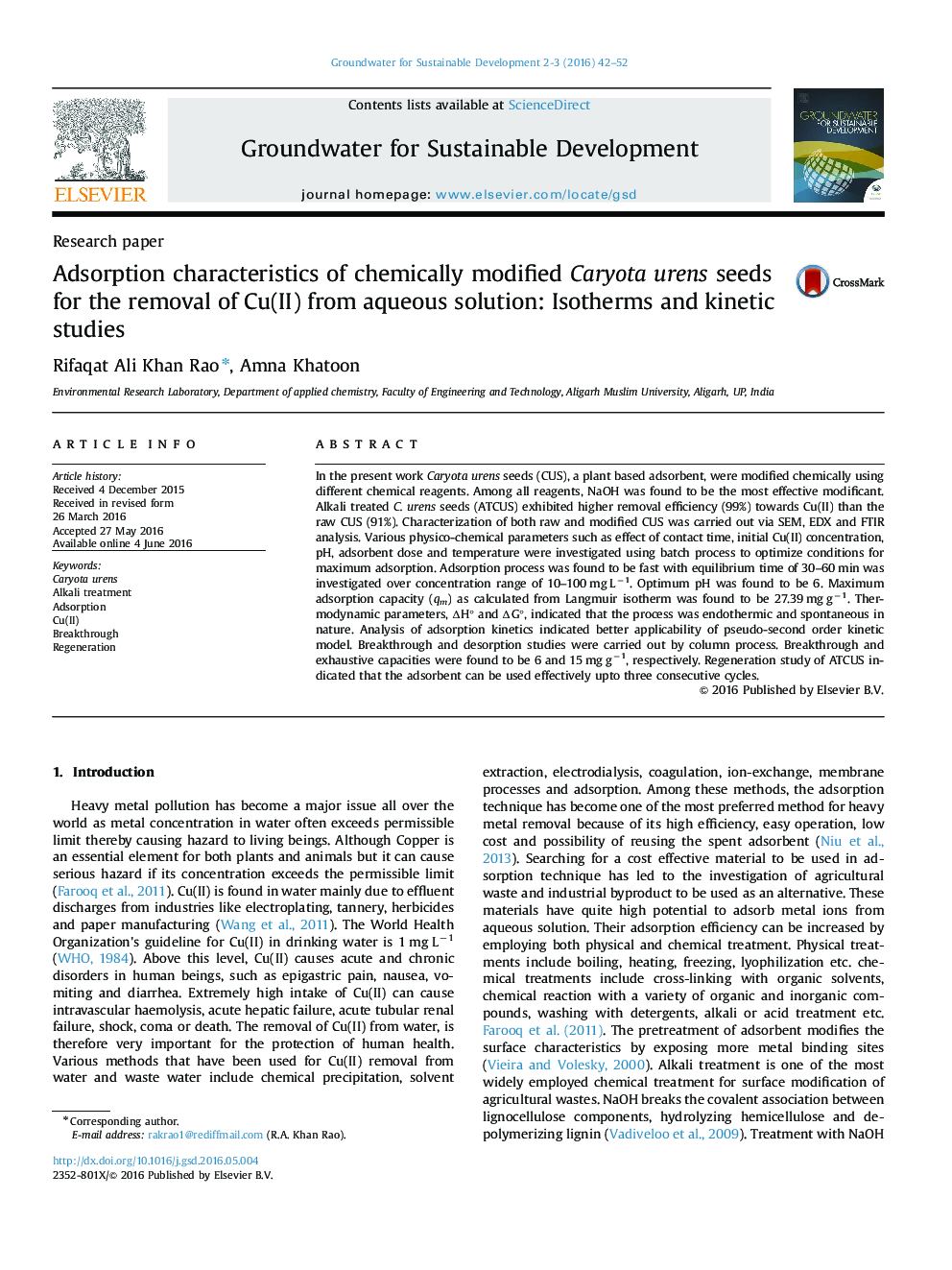 Adsorption characteristics of chemically modified Caryota urens seeds for the removal of Cu(II) from aqueous solution: Isotherms and kinetic studies