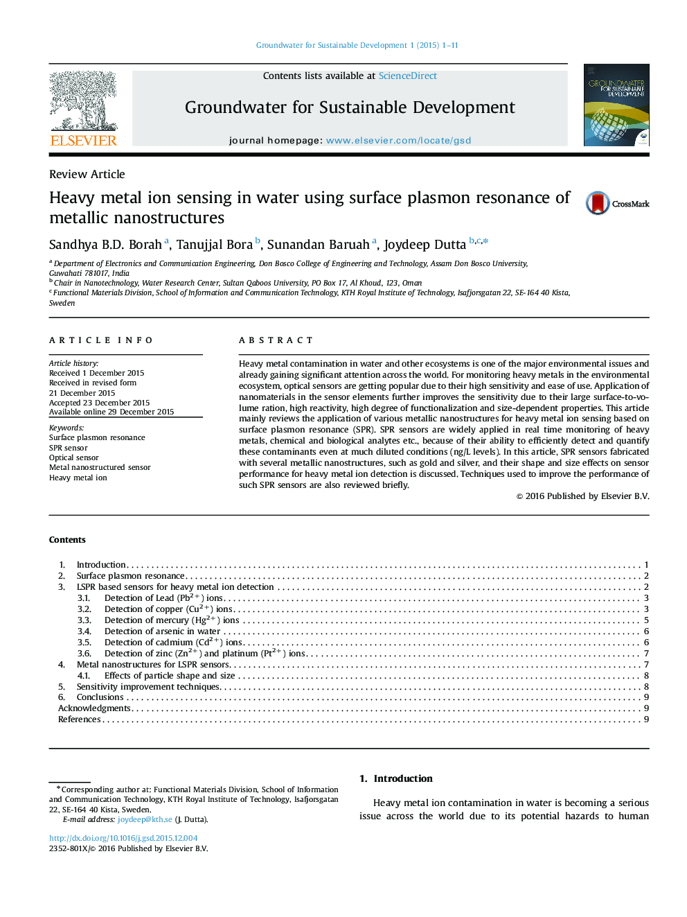 Heavy metal ion sensing in water using surface plasmon resonance of metallic nanostructures