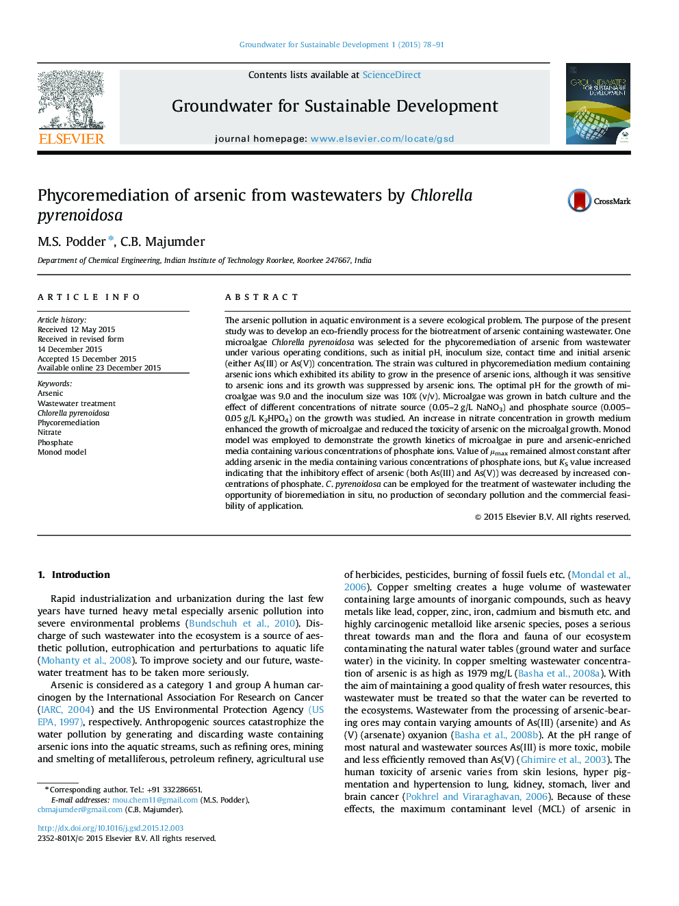 Phycoremediation of arsenic from wastewaters by Chlorella pyrenoidosa