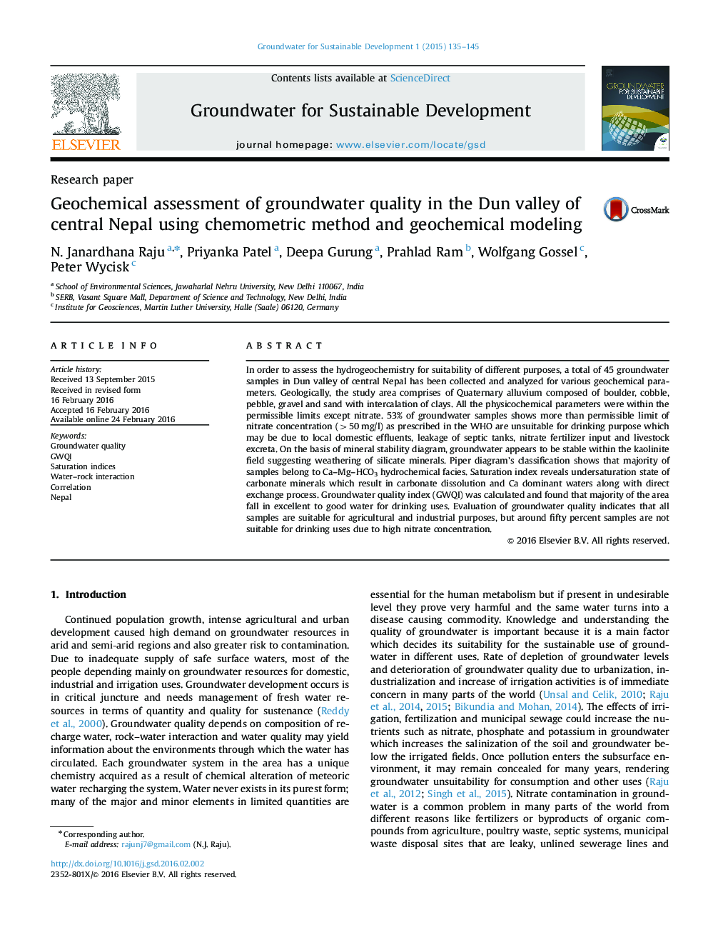 ارزیابی ژئوشیمیایی کیفیت آبهای زیرزمینی در دره دان از مرکز نپال با استفاده از روش شیمیایی و مدل سازی ژئوشیمیایی 