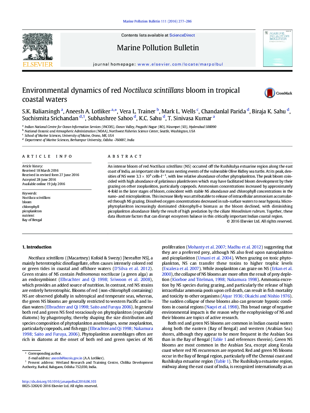 Environmental dynamics of red Noctiluca scintillans bloom in tropical coastal waters