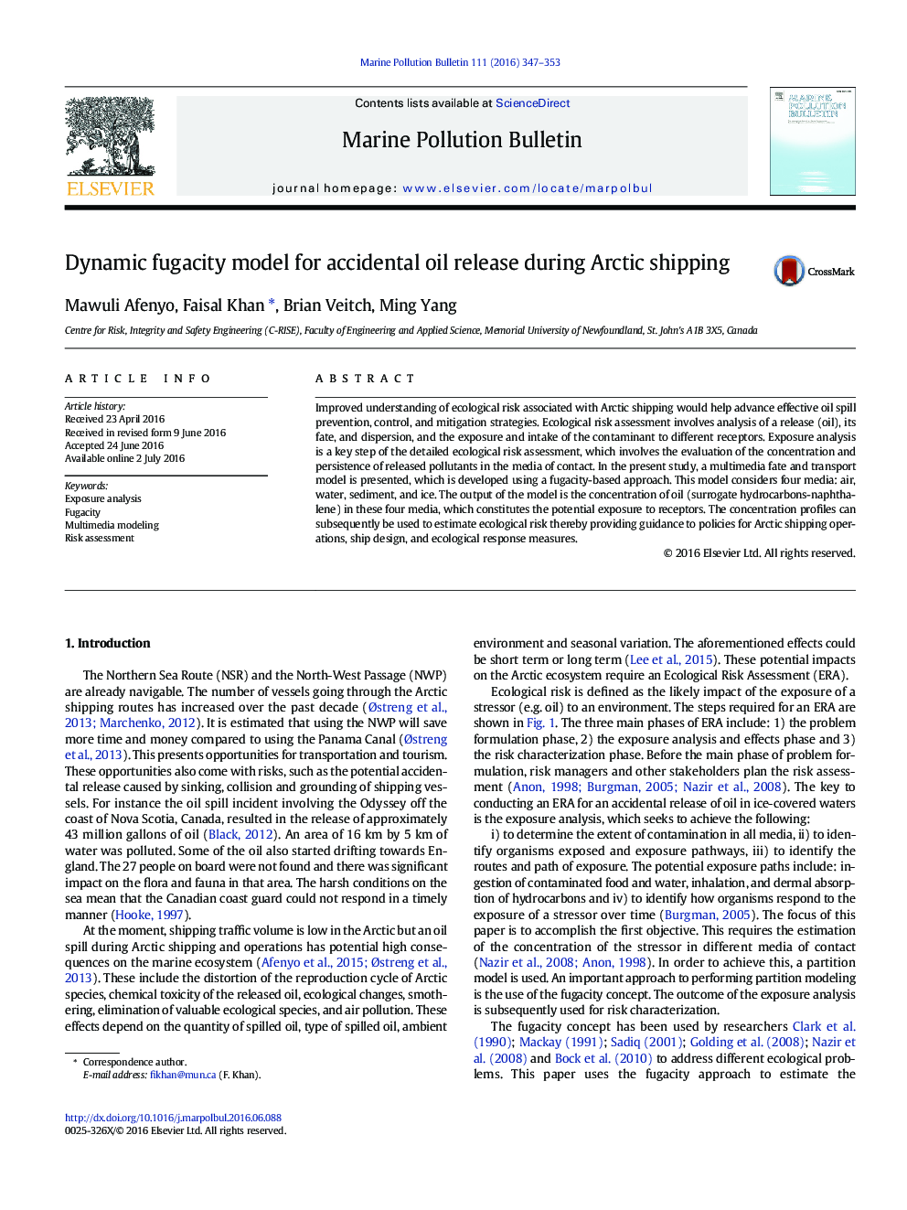 Dynamic fugacity model for accidental oil release during Arctic shipping