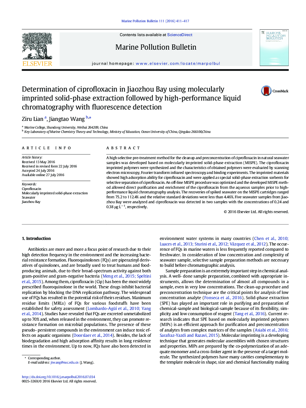 Determination of ciprofloxacin in Jiaozhou Bay using molecularly imprinted solid-phase extraction followed by high-performance liquid chromatography with fluorescence detection