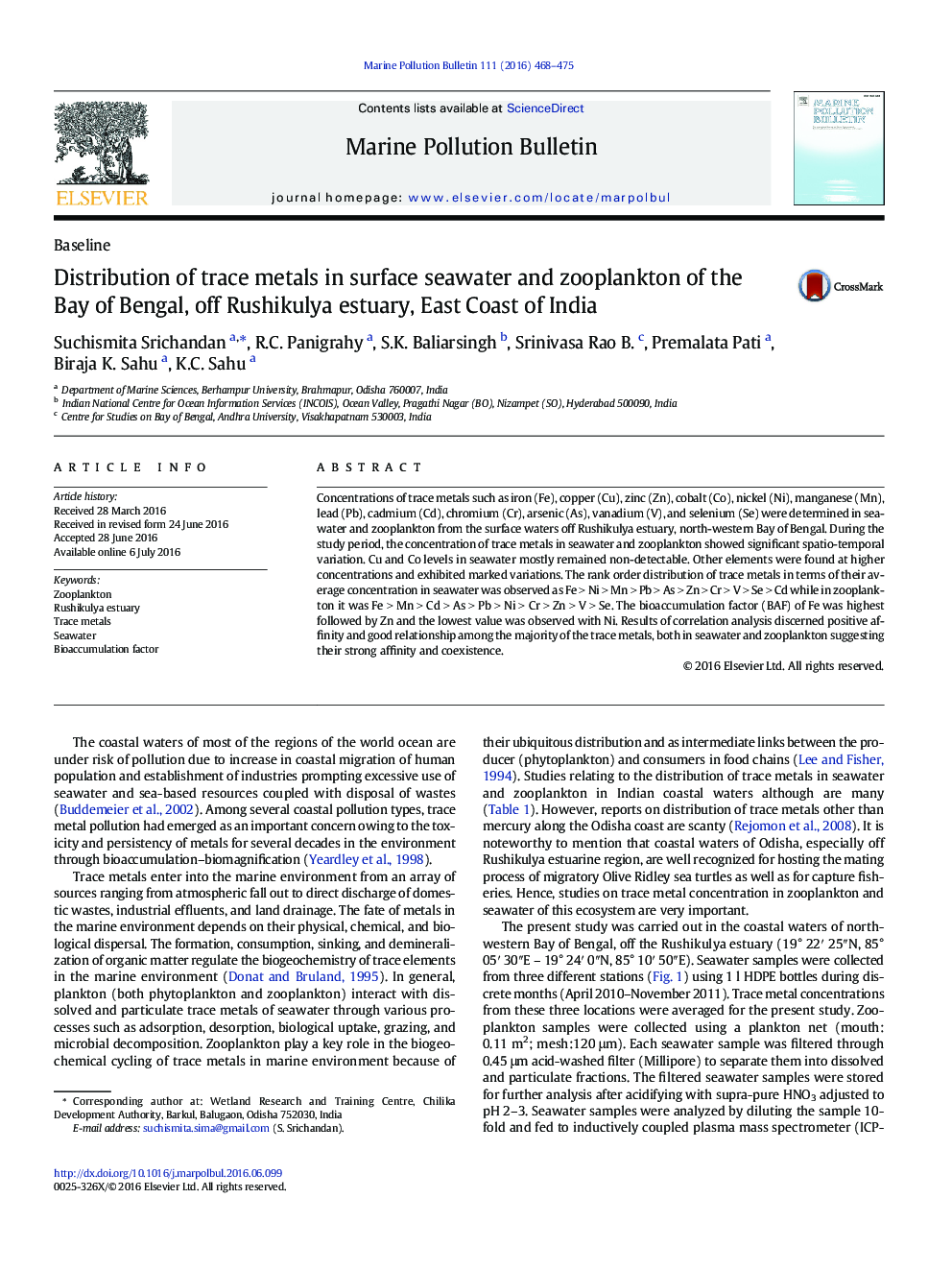 Distribution of trace metals in surface seawater and zooplankton of the Bay of Bengal, off Rushikulya estuary, East Coast of India