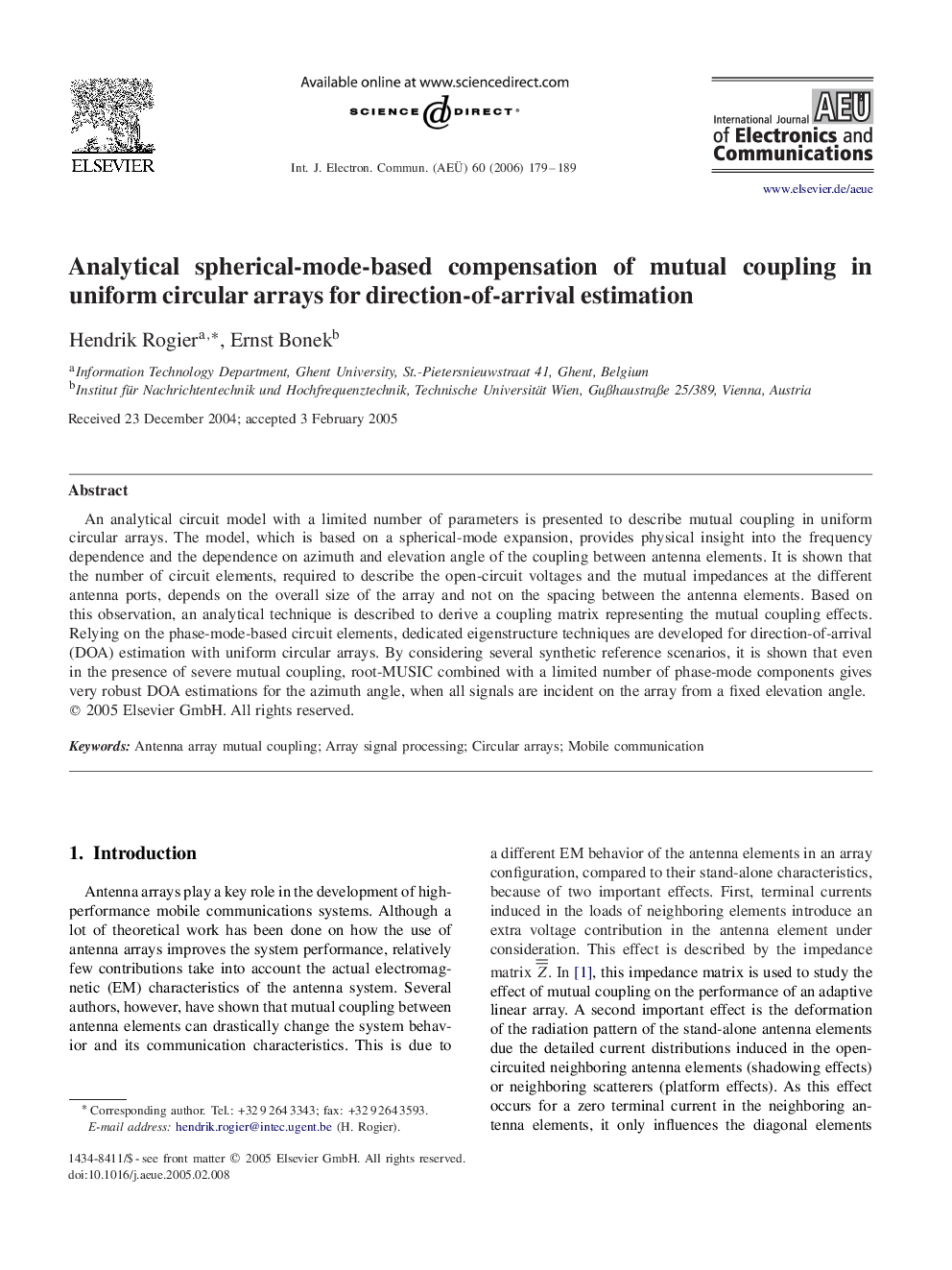 Analytical spherical-mode-based compensation of mutual coupling in uniform circular arrays for direction-of-arrival estimation