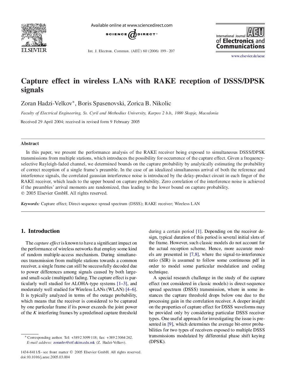 Capture effect in wireless LANs with RAKE reception of DSSS/DPSK signals