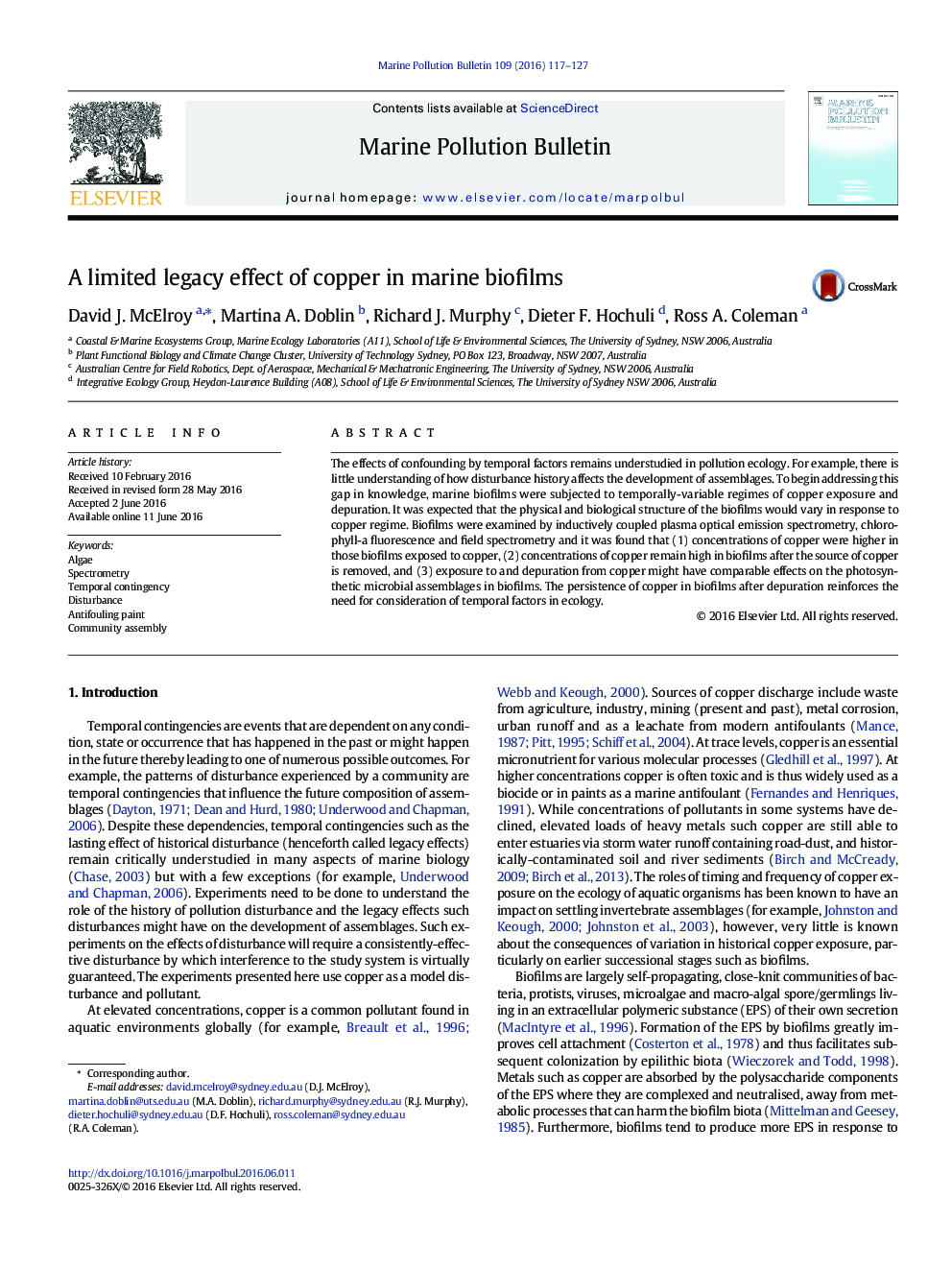 A limited legacy effect of copper in marine biofilms