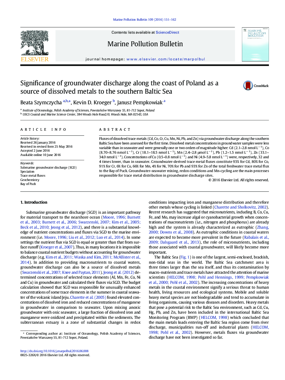 Significance of groundwater discharge along the coast of Poland as a source of dissolved metals to the southern Baltic Sea