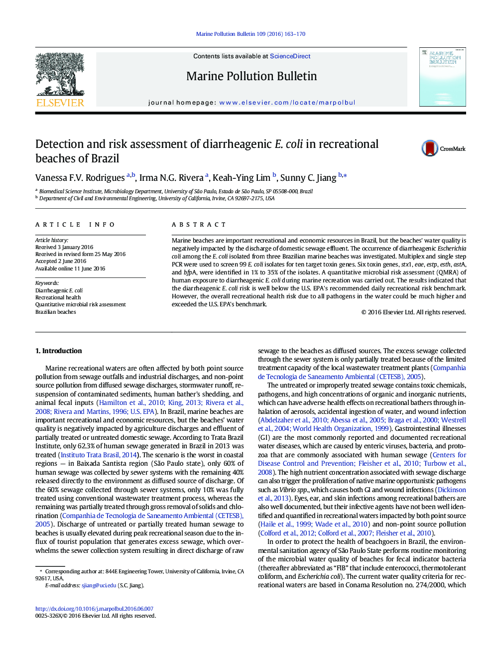 Detection and risk assessment of diarrheagenic E. coli in recreational beaches of Brazil