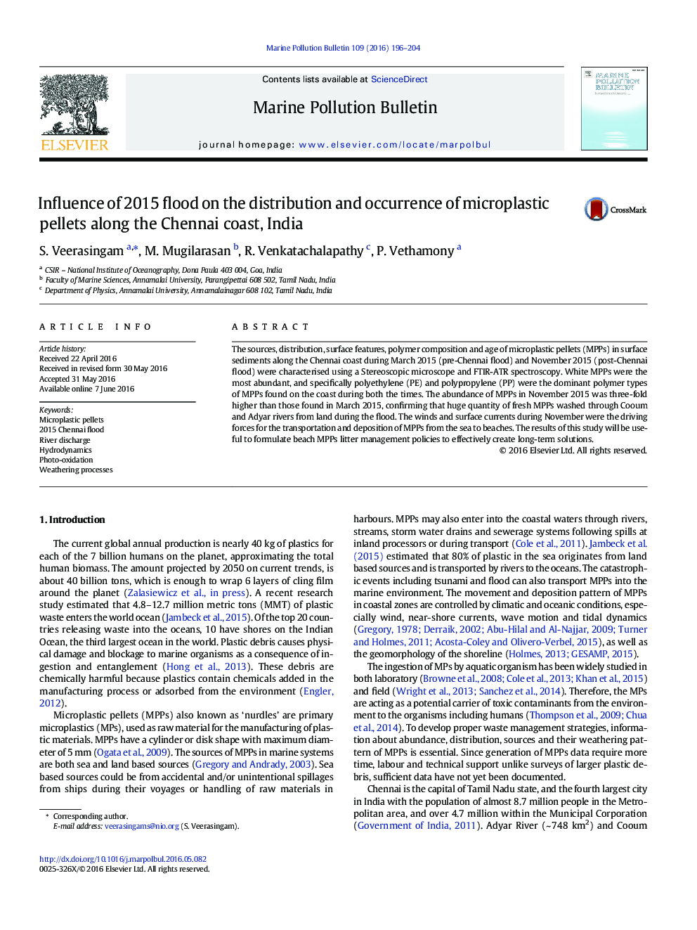 Influence of 2015 flood on the distribution and occurrence of microplastic pellets along the Chennai coast, India