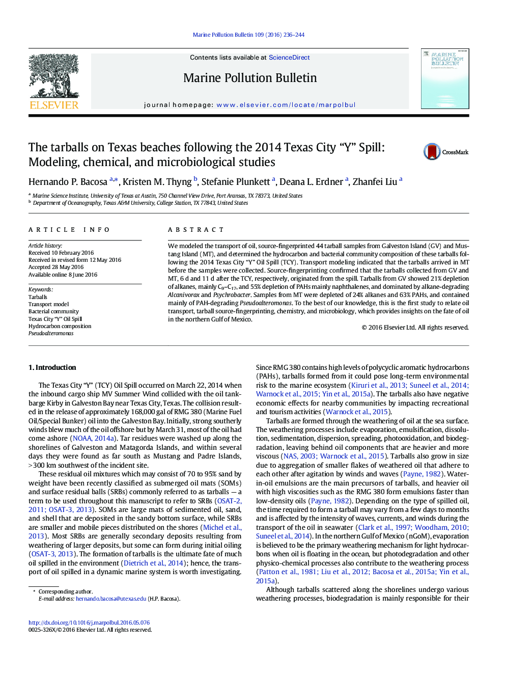 The tarballs on Texas beaches following the 2014 Texas City “Y” Spill: Modeling, chemical, and microbiological studies