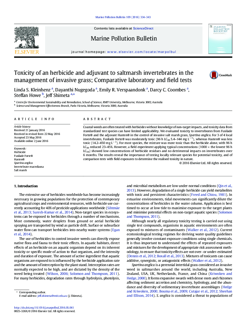 Toxicity of an herbicide and adjuvant to saltmarsh invertebrates in the management of invasive grass; Comparative laboratory and field tests