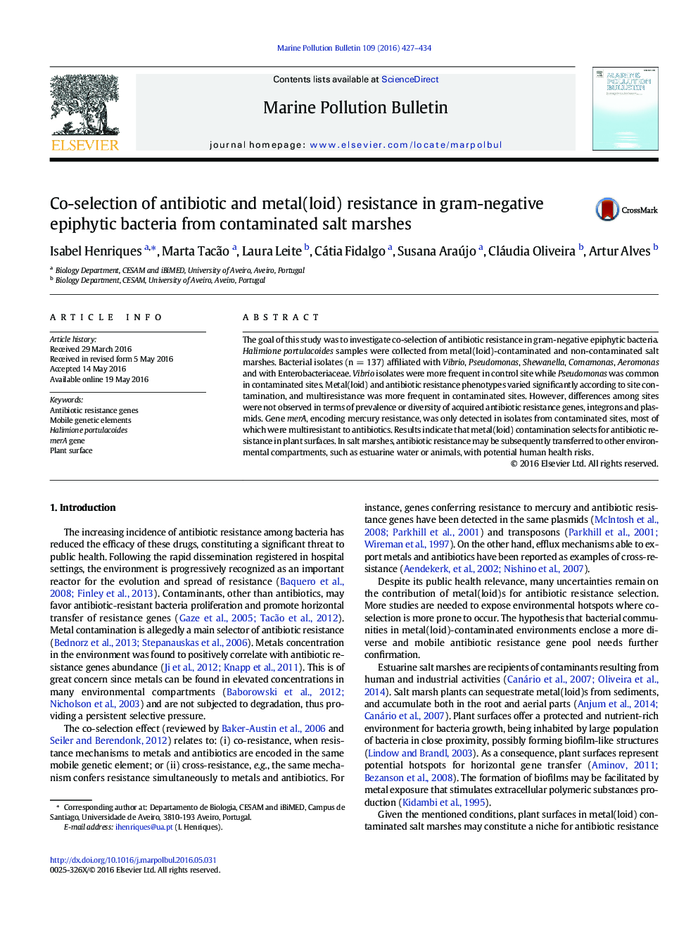 Co-selection of antibiotic and metal(loid) resistance in gram-negative epiphytic bacteria from contaminated salt marshes