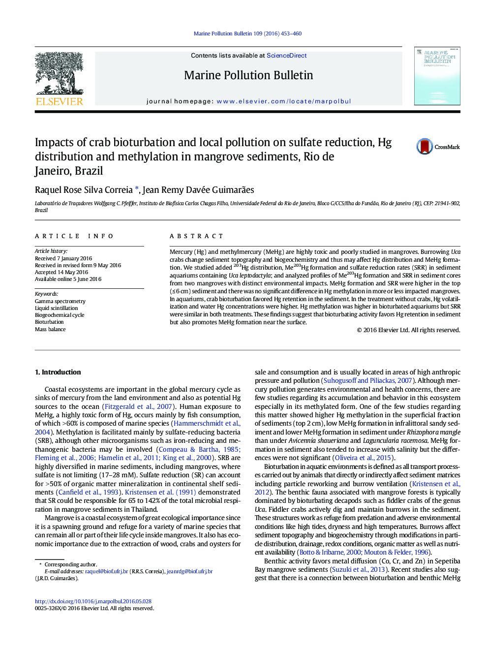 Impacts of crab bioturbation and local pollution on sulfate reduction, Hg distribution and methylation in mangrove sediments, Rio de Janeiro, Brazil