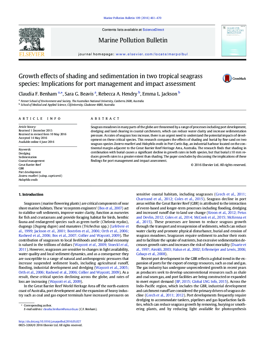 Growth effects of shading and sedimentation in two tropical seagrass species: Implications for port management and impact assessment