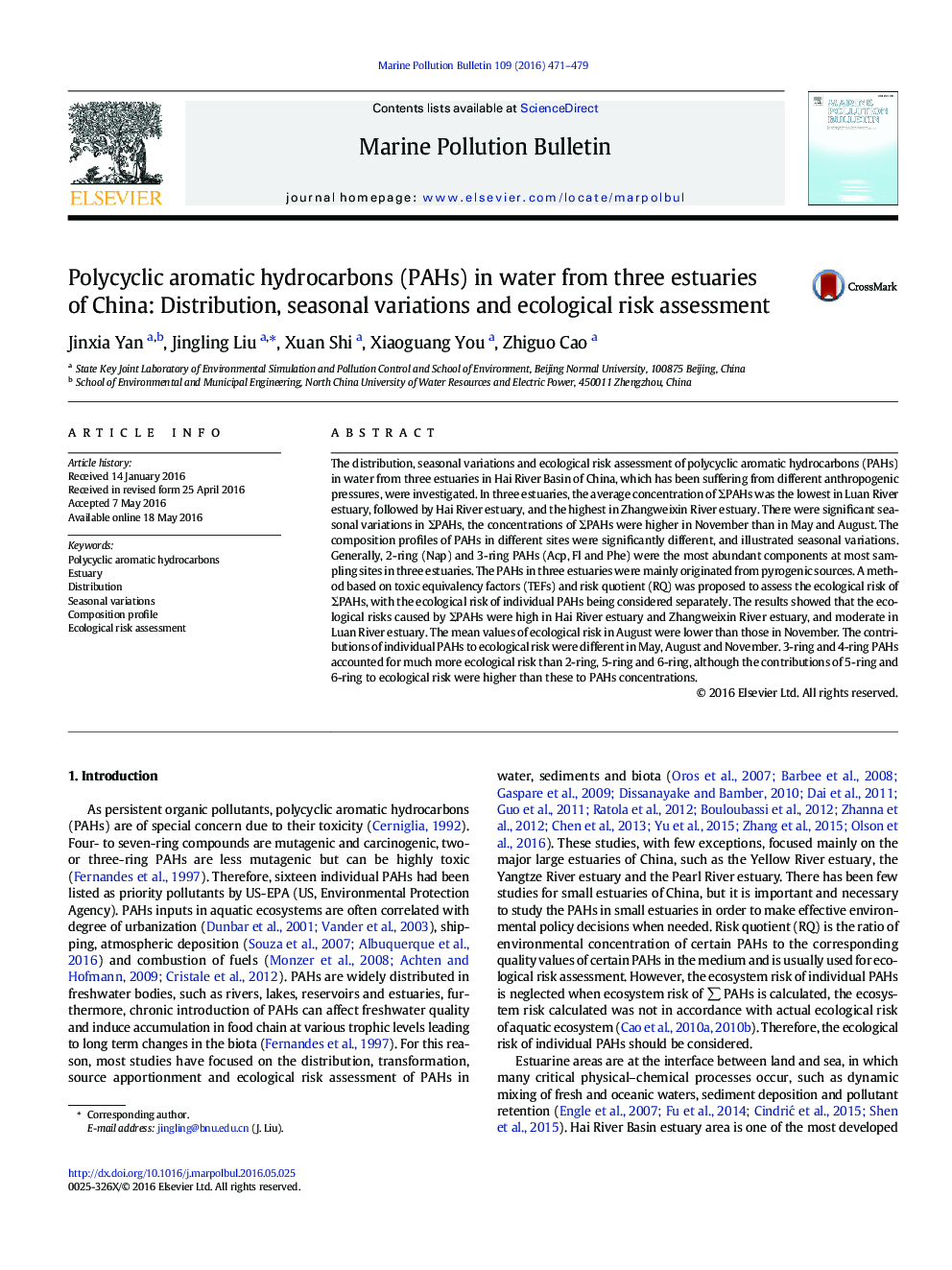 Polycyclic aromatic hydrocarbons (PAHs) in water from three estuaries of China: Distribution, seasonal variations and ecological risk assessment