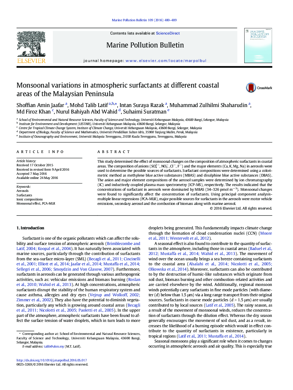 Monsoonal variations in atmospheric surfactants at different coastal areas of the Malaysian Peninsula