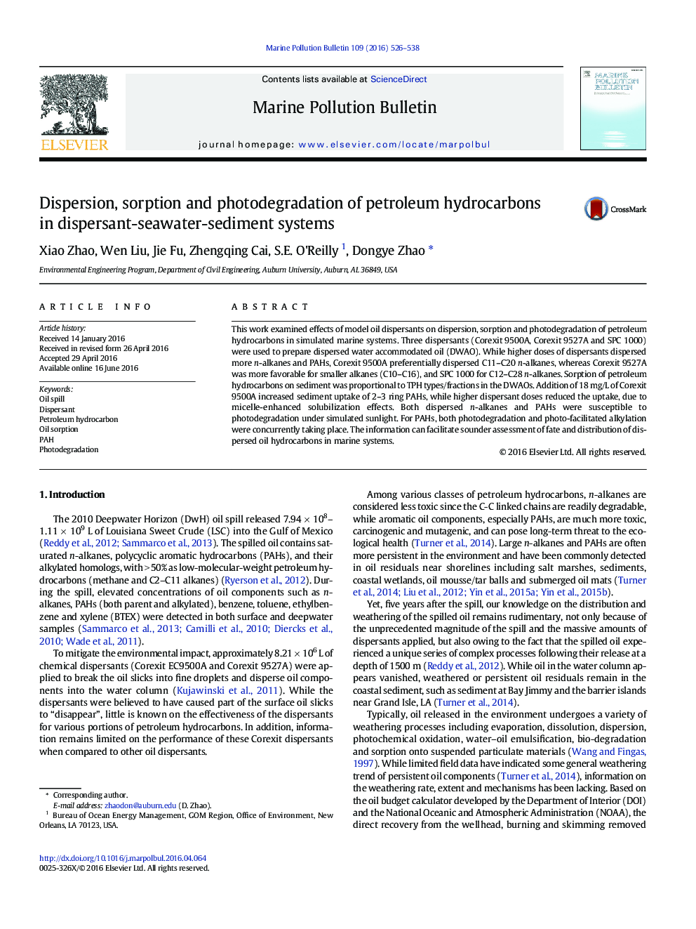 Dispersion, sorption and photodegradation of petroleum hydrocarbons in dispersant-seawater-sediment systems