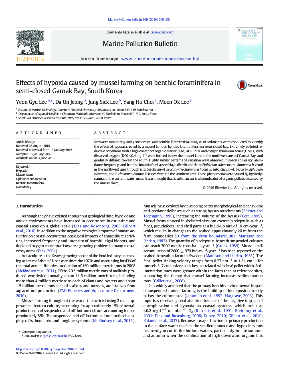 Effects of hypoxia caused by mussel farming on benthic foraminifera in semi-closed Gamak Bay, South Korea