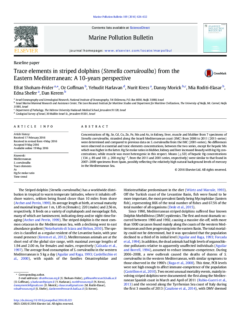 Trace elements in striped dolphins (Stenella coeruleoalba) from the Eastern Mediterranean: A 10-years perspective