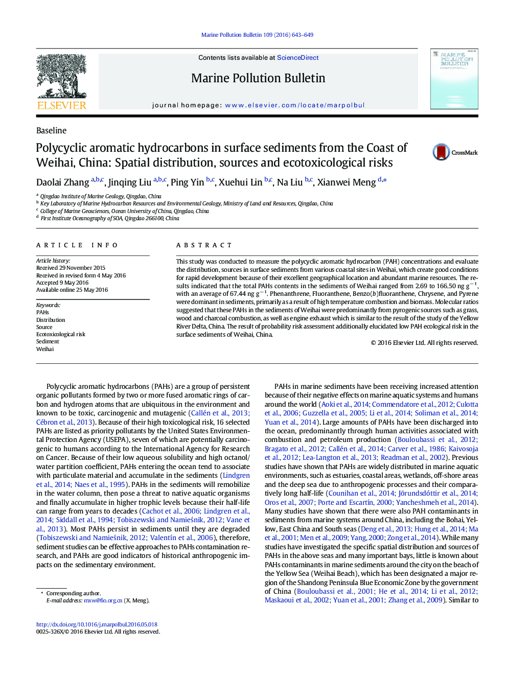 Polycyclic aromatic hydrocarbons in surface sediments from the Coast of Weihai, China: Spatial distribution, sources and ecotoxicological risks