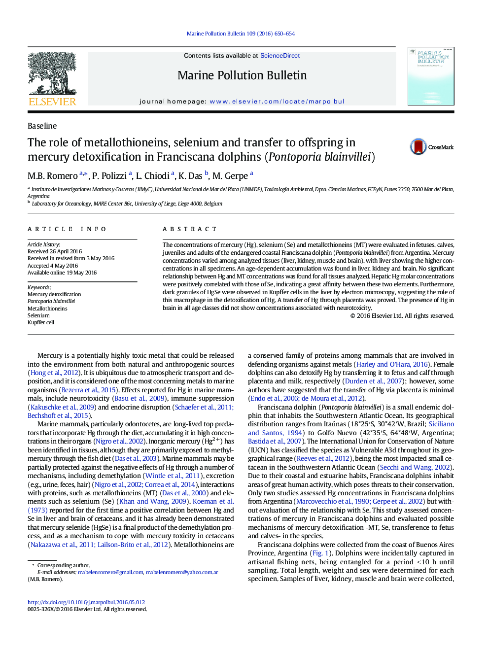 The role of metallothioneins, selenium and transfer to offspring in mercury detoxification in Franciscana dolphins (Pontoporia blainvillei)