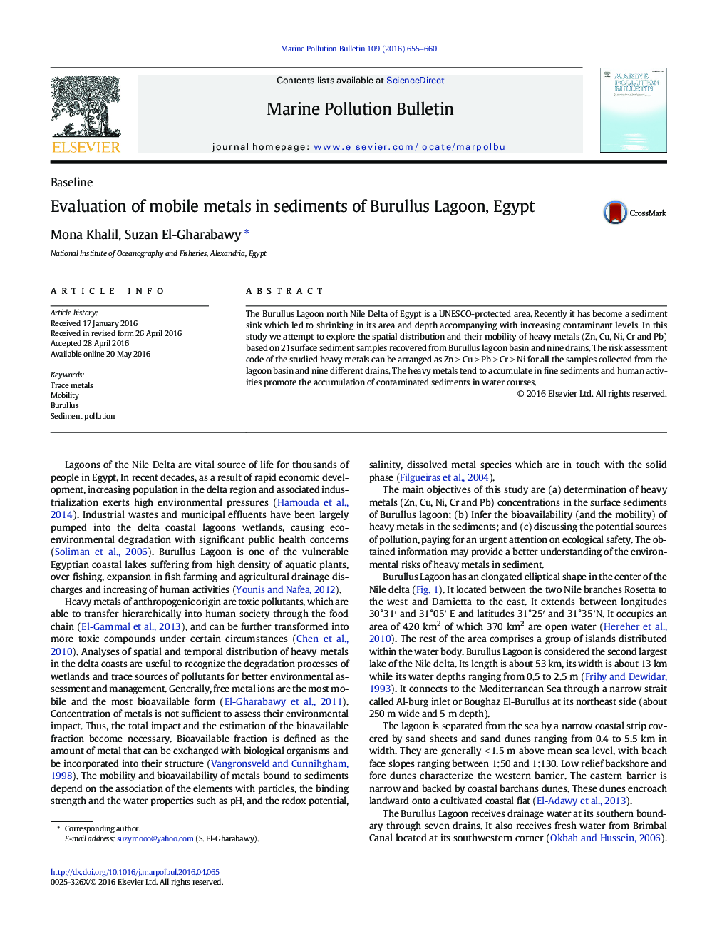 Evaluation of mobile metals in sediments of Burullus Lagoon, Egypt
