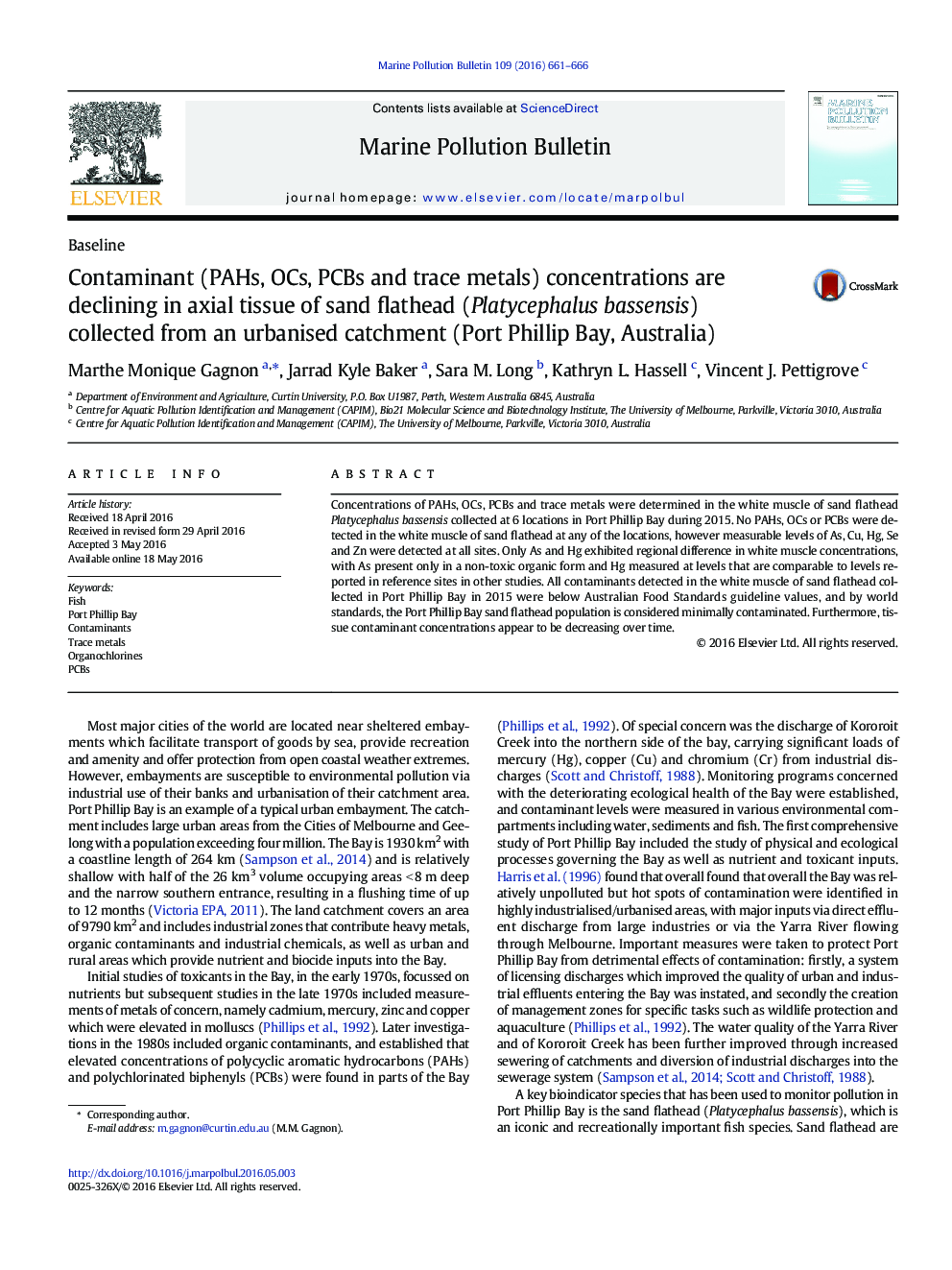 غلظت آلاینده (PAHs ،OCS، PCBs و ردیابی فلزات) رو به کاهش در بافت محوری flathead شن و ماسه (bassensis Platycephalus) جمع آوری شده از حوضه آبریز شهری (بندر خلیج فیلیپ، استرالیا)