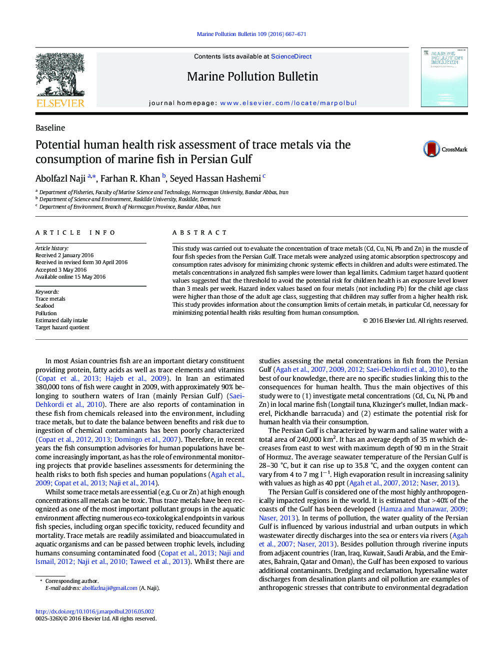 Potential human health risk assessment of trace metals via the consumption of marine fish in Persian Gulf