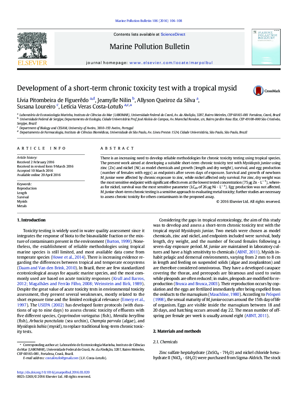 Development of a short-term chronic toxicity test with a tropical mysid