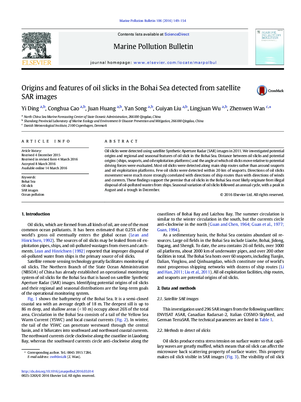 Origins and features of oil slicks in the Bohai Sea detected from satellite SAR images