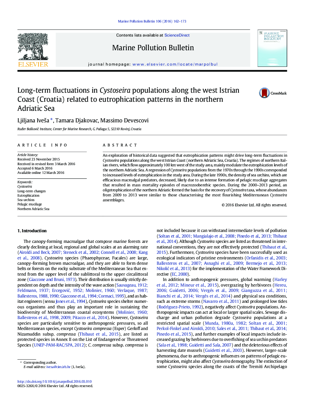 Long-term fluctuations in Cystoseira populations along the west Istrian Coast (Croatia) related to eutrophication patterns in the northern Adriatic Sea