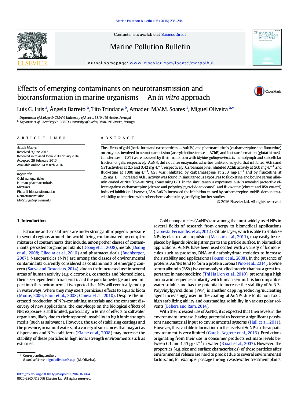 Effects of emerging contaminants on neurotransmission and biotransformation in marine organisms — An in vitro approach