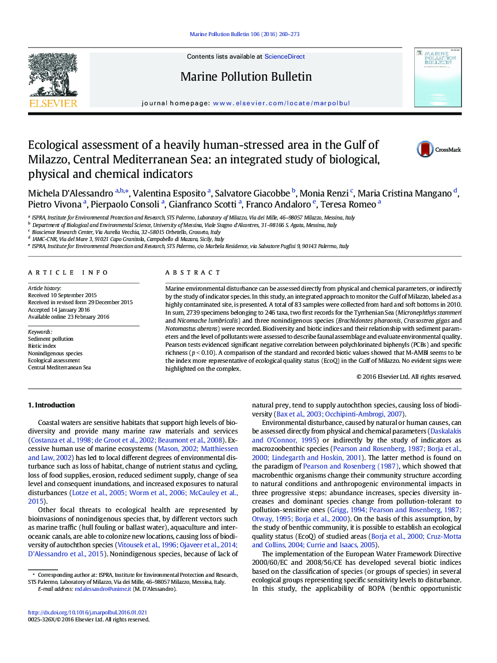 Ecological assessment of a heavily human-stressed area in the Gulf of Milazzo, Central Mediterranean Sea: an integrated study of biological, physical and chemical indicators