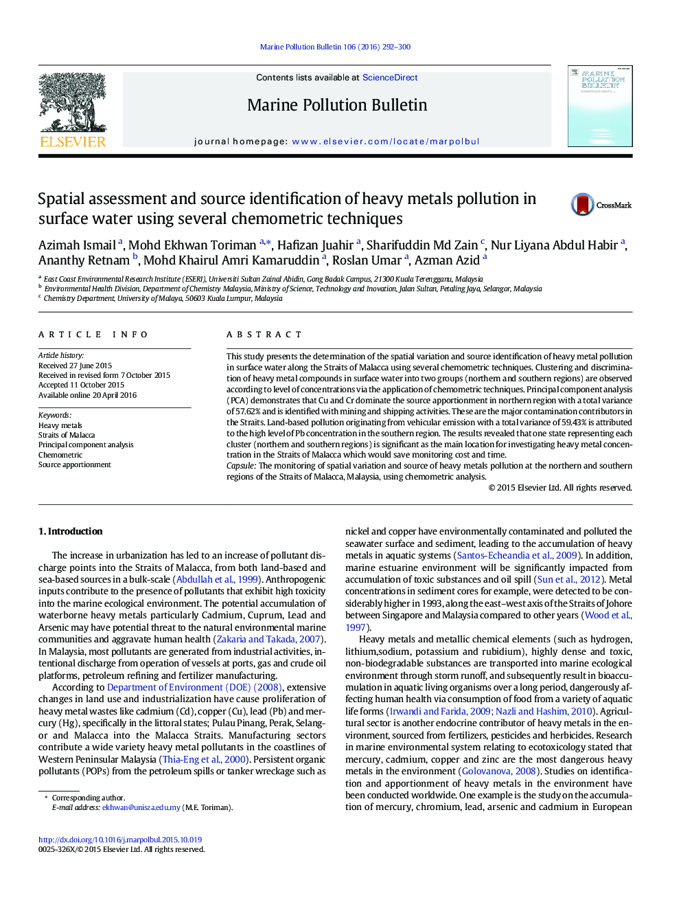 Spatial assessment and source identification of heavy metals pollution in surface water using several chemometric techniques