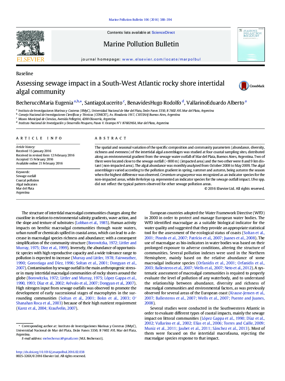 Assessing sewage impact in a South-West Atlantic rocky shore intertidal algal community