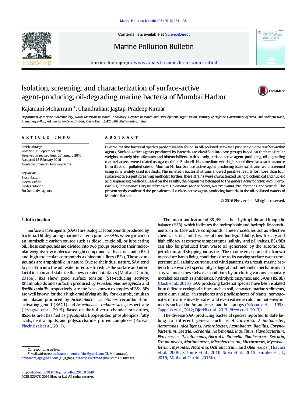 Isolation, screening, and characterization of surface-active agent-producing, oil-degrading marine bacteria of Mumbai Harbor