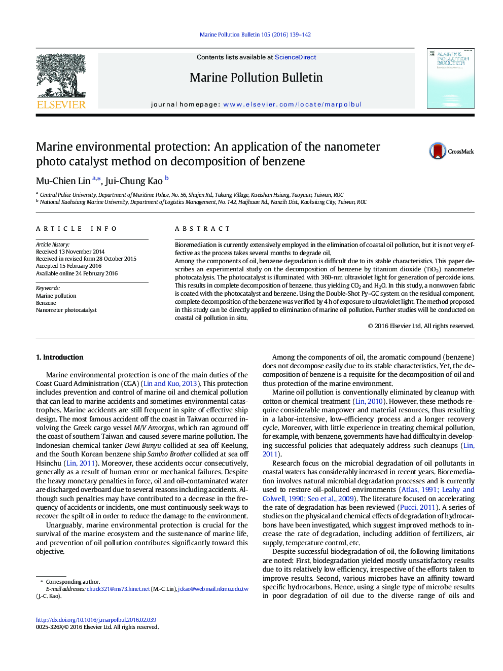 Marine environmental protection: An application of the nanometer photo catalyst method on decomposition of benzene