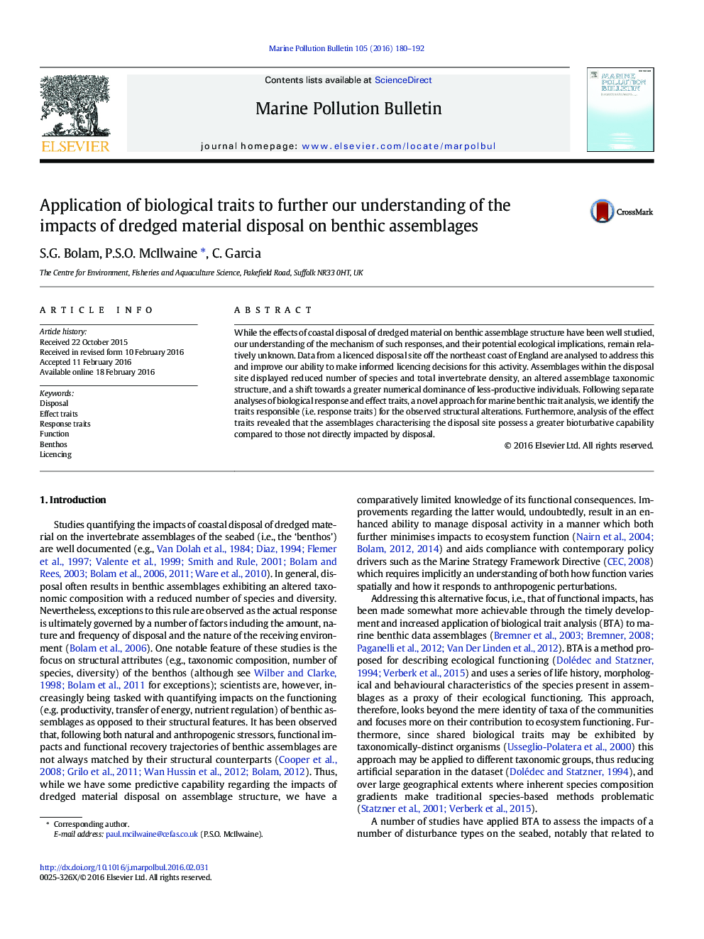 Application of biological traits to further our understanding of the impacts of dredged material disposal on benthic assemblages