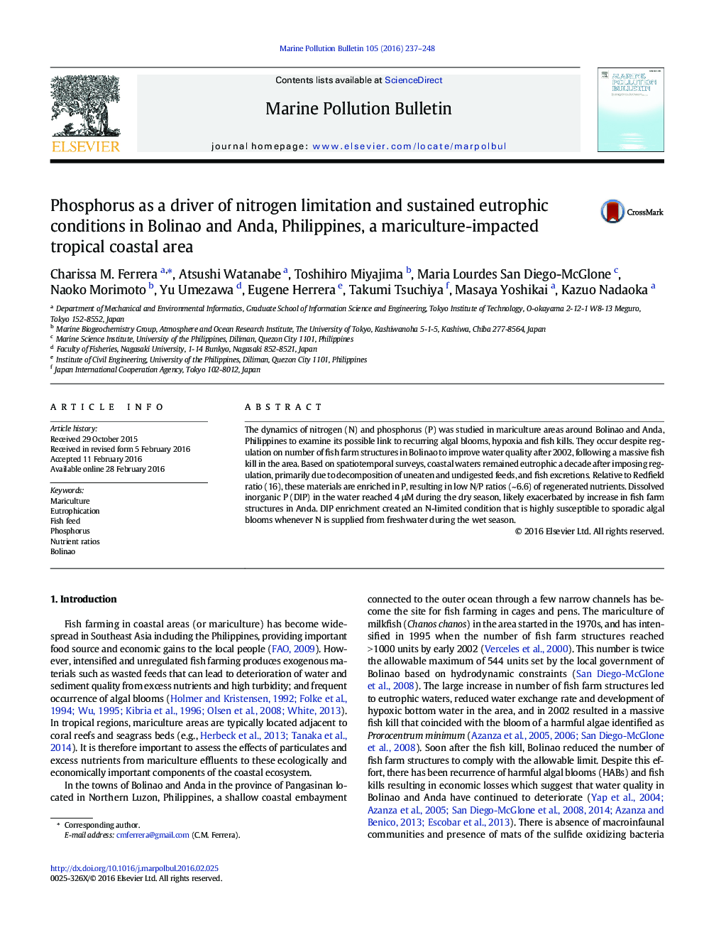 Phosphorus as a driver of nitrogen limitation and sustained eutrophic conditions in Bolinao and Anda, Philippines, a mariculture-impacted tropical coastal area
