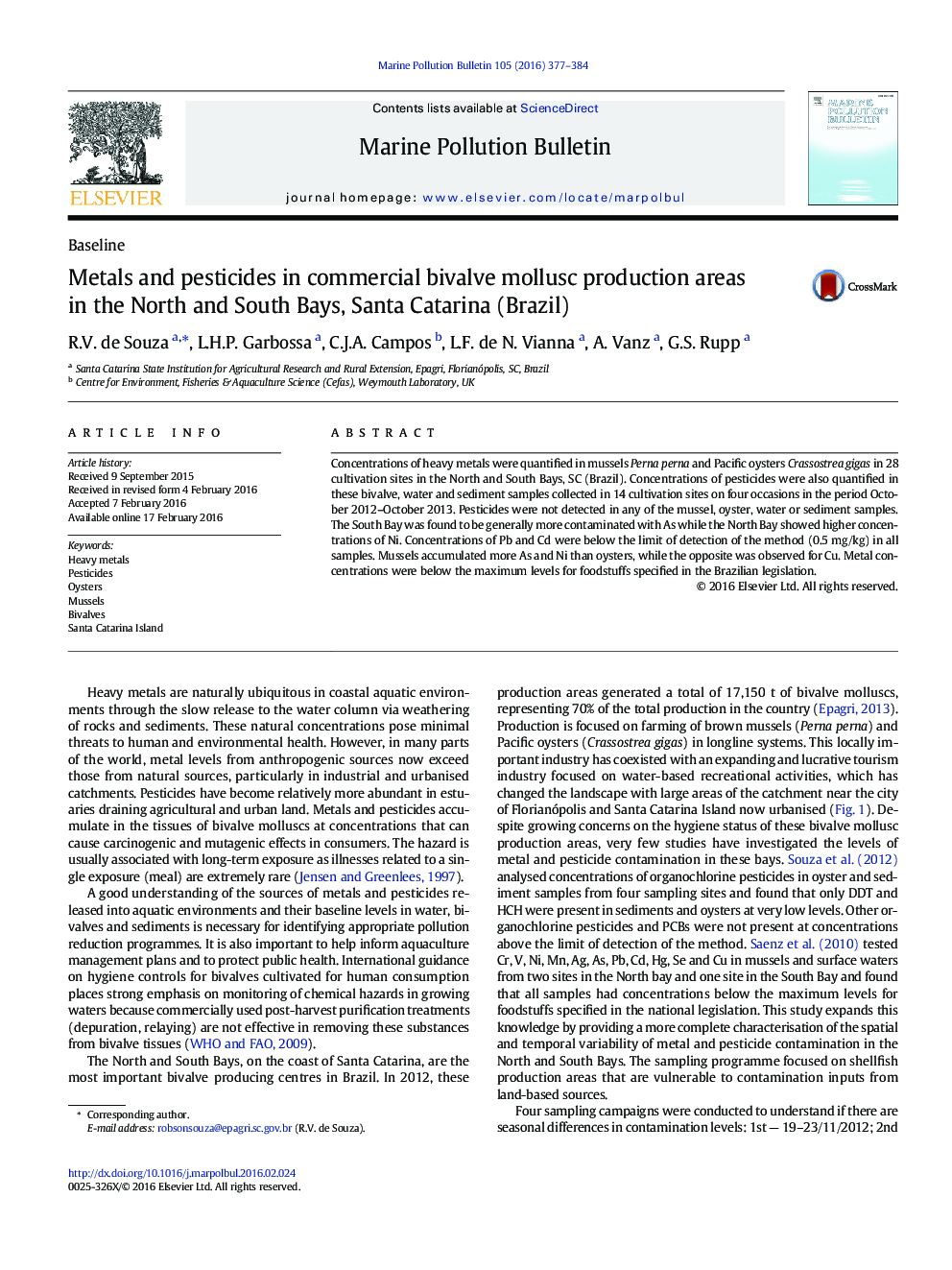 Metals and pesticides in commercial bivalve mollusc production areas in the North and South Bays, Santa Catarina (Brazil)