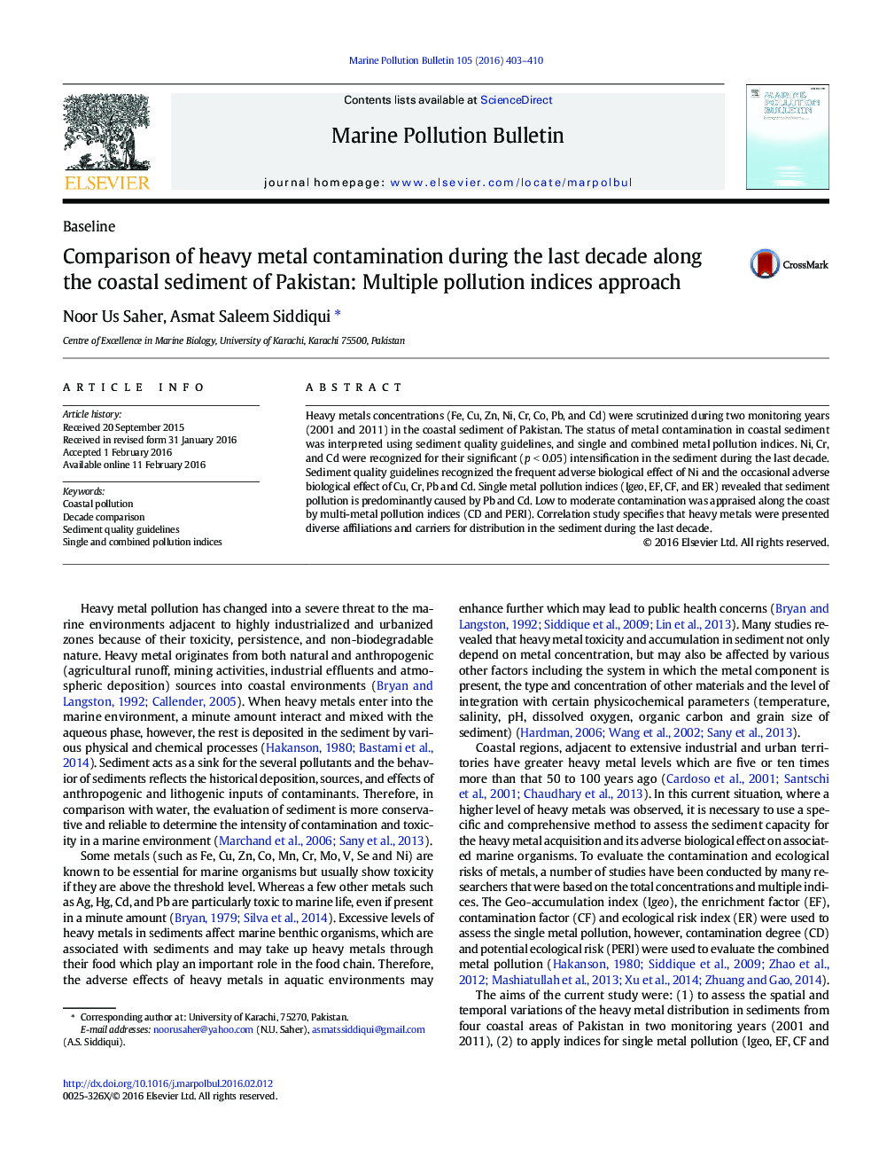 Comparison of heavy metal contamination during the last decade along the coastal sediment of Pakistan: Multiple pollution indices approach