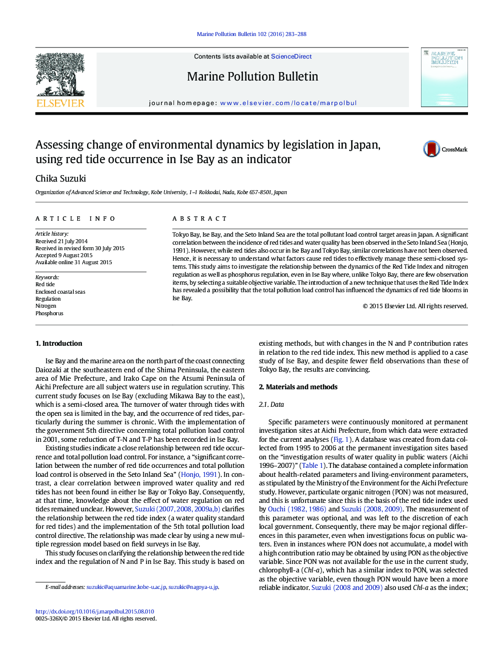 Assessing change of environmental dynamics by legislation in Japan, using red tide occurrence in Ise Bay as an indicator