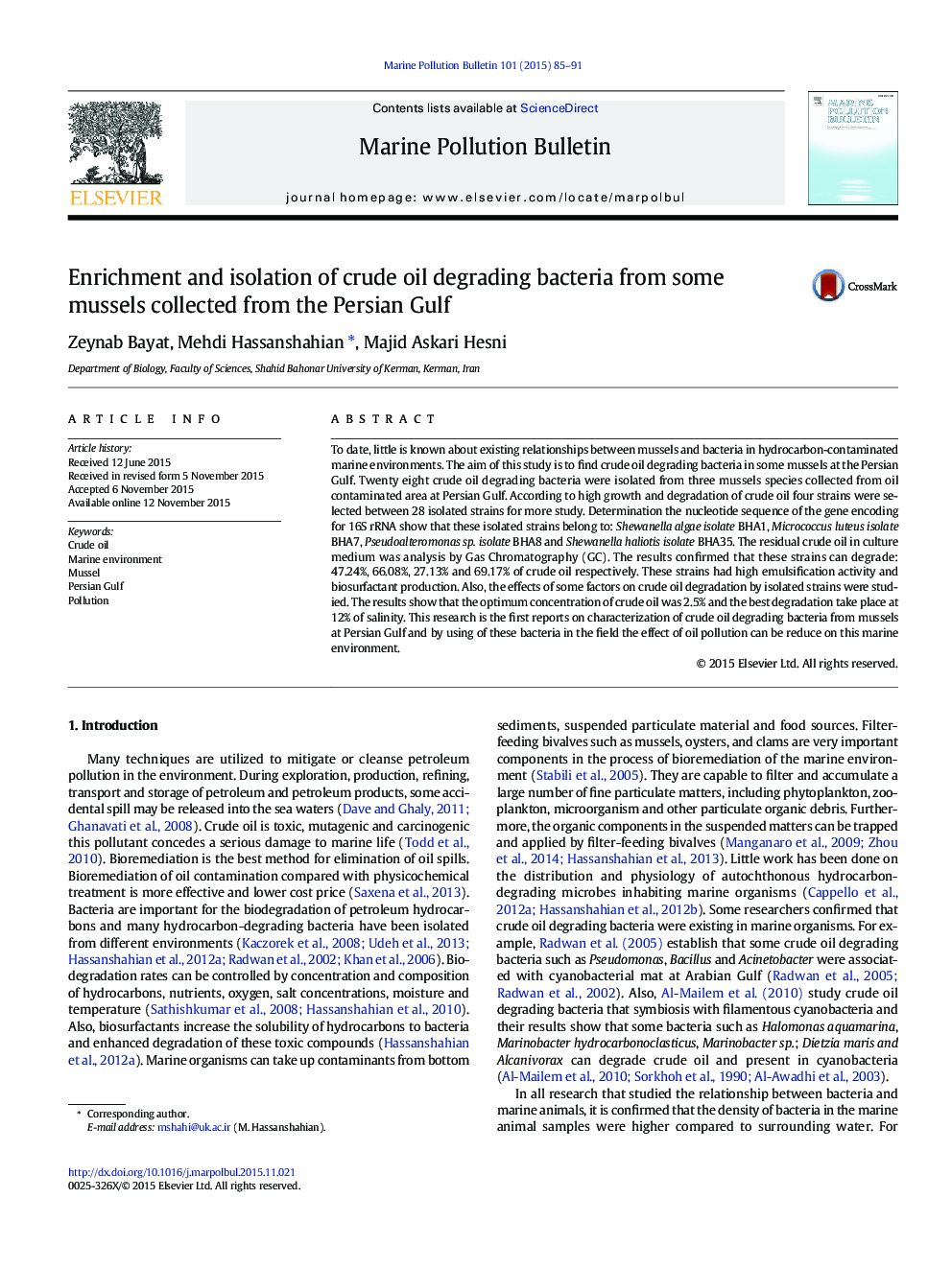 Enrichment and isolation of crude oil degrading bacteria from some mussels collected from the Persian Gulf