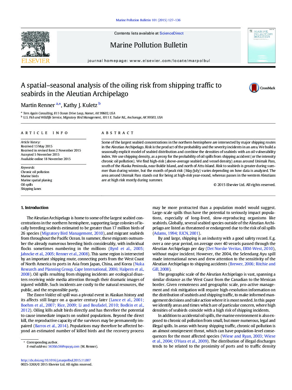 A spatial–seasonal analysis of the oiling risk from shipping traffic to seabirds in the Aleutian Archipelago