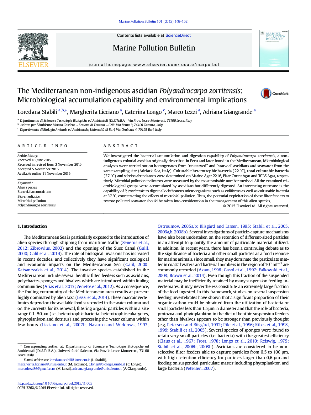 The Mediterranean non-indigenous ascidian Polyandrocarpa zorritensis: Microbiological accumulation capability and environmental implications